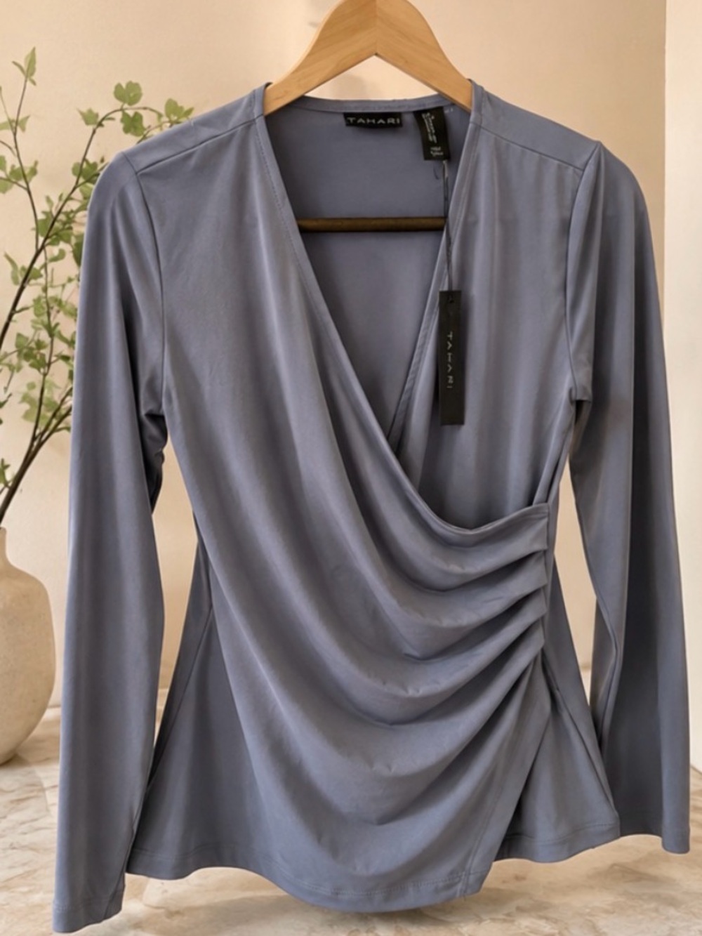 Tahari Dusty Lavender Draped Wrap-Style Long Sleeve Top
